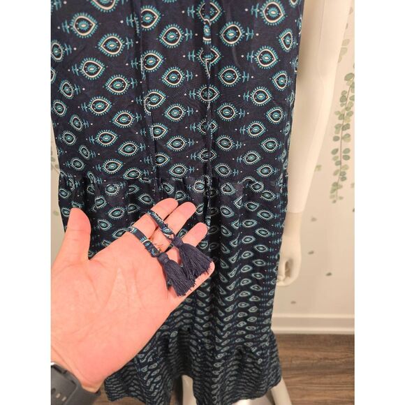Emily Daniels Sleeveless Boho Maxi Dress Navy Teal Print Size L NWT Tiered Tasse - Picture 5 of 12